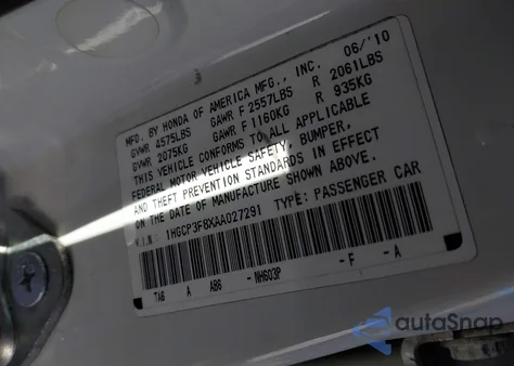 2010 Honda Accord 3.5 Ex-L из США, поврежденный, VIN 1HGCP3F8XAA027291